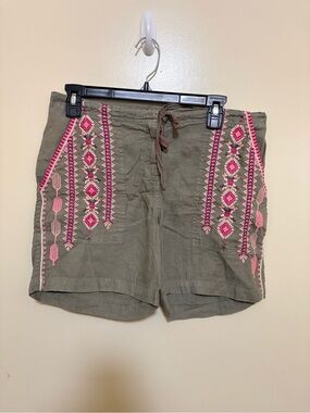 Johnny Was Olive Bermuda Shorts with Pink Embroidered Trim